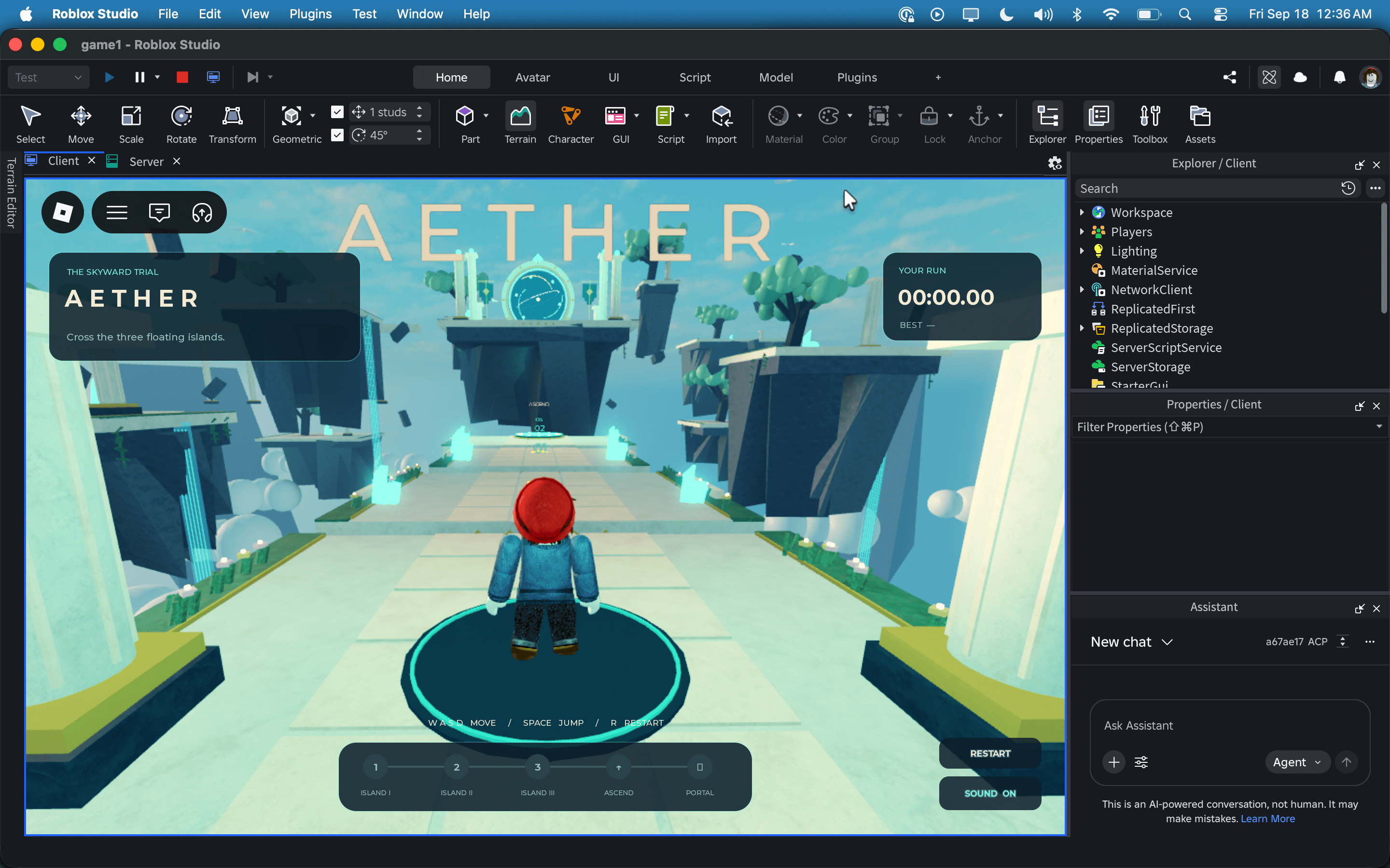 Aether game running in Roblox Studio, with a character facing floating islands and a glowing portal
