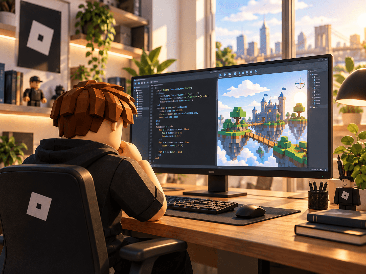 A Roblox-style character building a game with code and a floating castle world on screen.